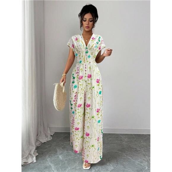 Elenzga Women's Elegant V-Neck Patchwork Fitted Cinched Waist Apricot Base - Picture 1 of 6